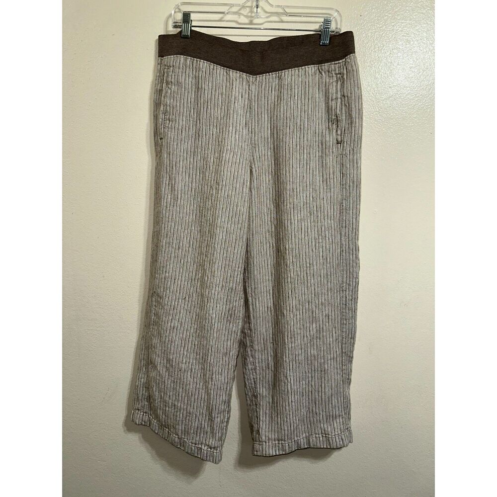 J. Jill Love Linen Women's Wide Leg Cropped Brown Striped Pants, Size M Pockets